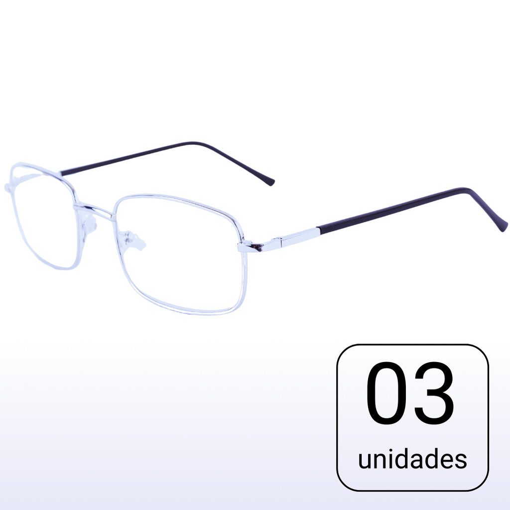 Kit com 03 Óculos de Grau para Leitura, Trabalho e Descanso – Unissex, Armação de Metal - cor Prata