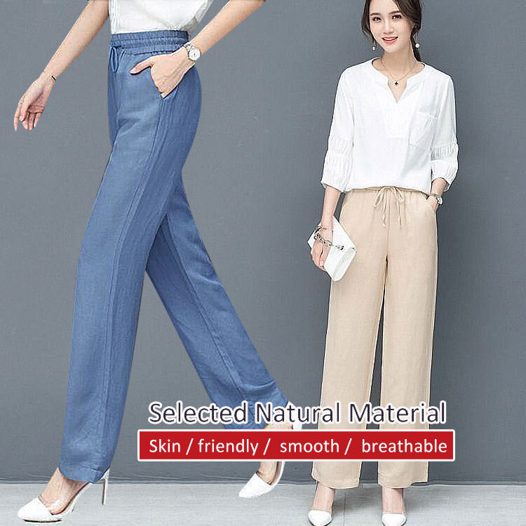 【Tecido Respirável】Calça Reta Casual Solta Cintura Alta Tencel Jeans/Calça Jeans Tencel/Calça Feminina Tamanho Grande