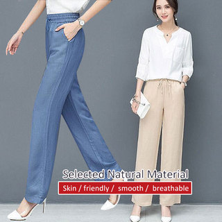 【Tecido Respirável】Calça Reta Casual Solta Cintura Alta Tencel Jeans/Calça Jeans Tencel/Calça Feminina Tamanho Grande