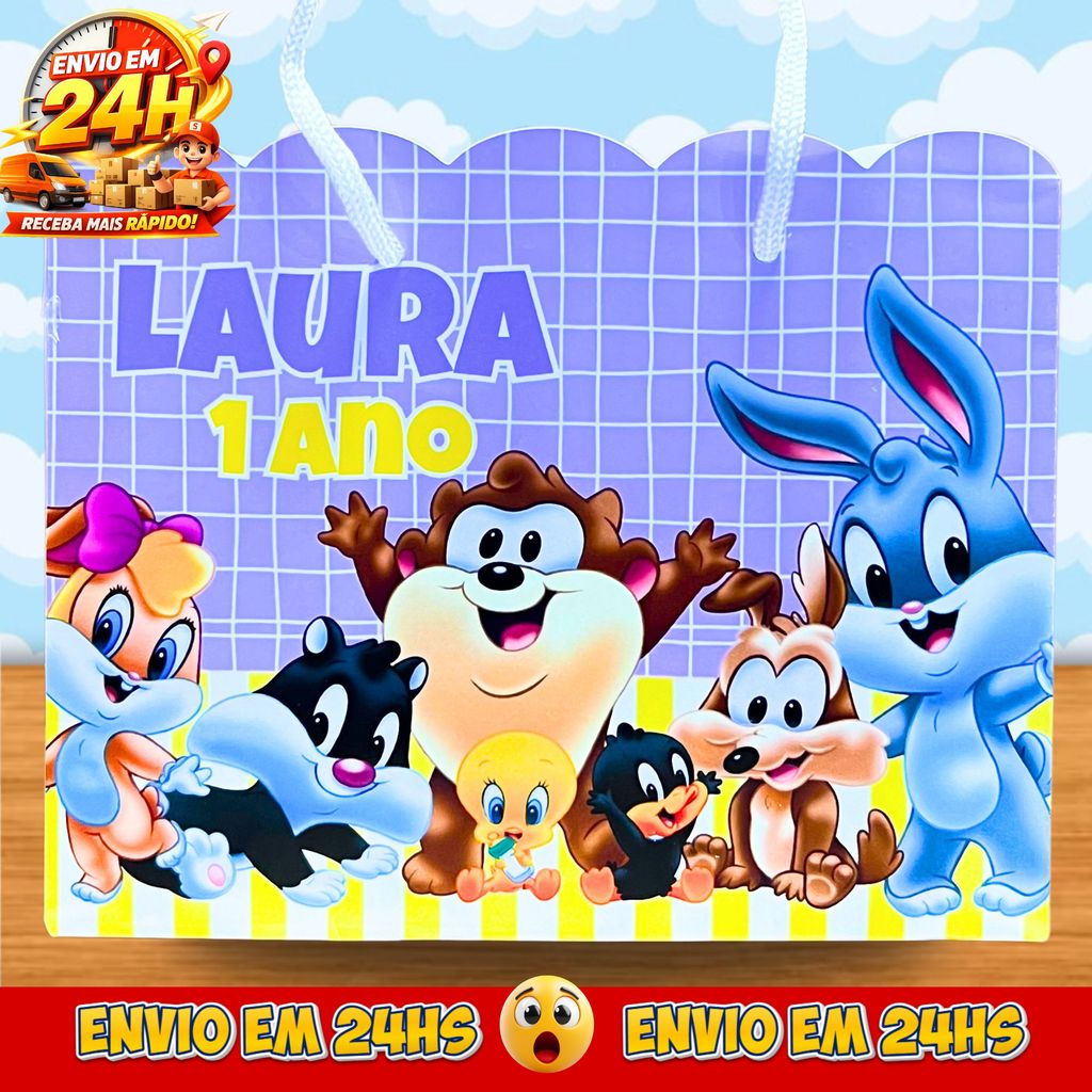 Sacolinhas Baby Looney Tunes  Personalizadas - Lembrancinhas Baby Looney Tunes menina Infantil Premium com Nome e Idade