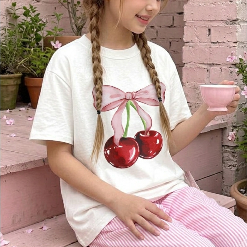 Camiseta Infantil Feminina Cherry 100% Algodão Premium com Estampa | Blusa Manga Curta Confortável para Meninas