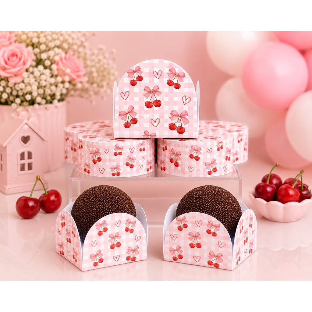 Forminha de Doces Cerejinha Rosa Personalizada Lembrancinha de Festa Aniversário