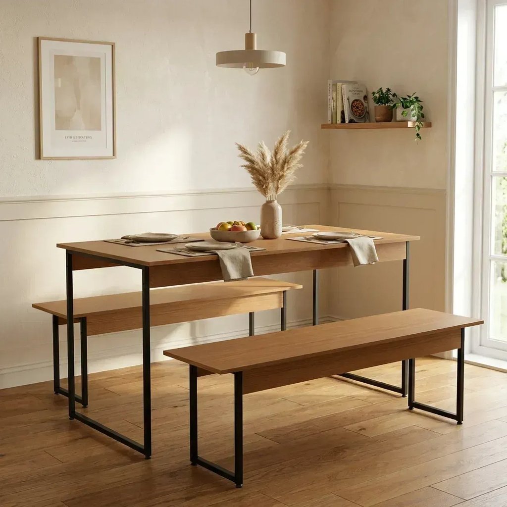 Conjunto Mesa de Jantar com 2 Bancos Industrial 136x72cm Canela/Preto Canela/Preto
