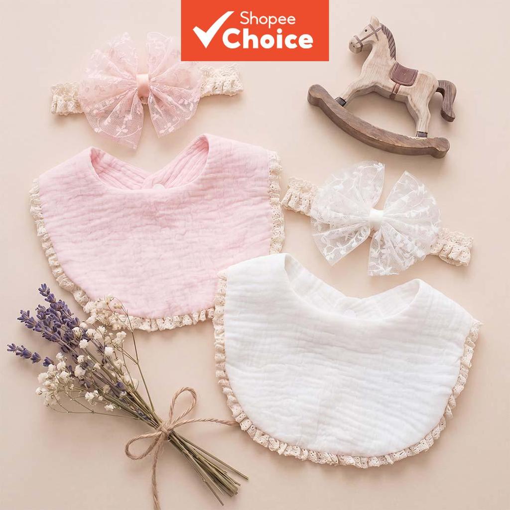Conjunto De Babador E Faixa De Cabeça De Gaze Com Acabamento Em Renda Para Bebês Meninas , Babadores Resistentes A Manch
