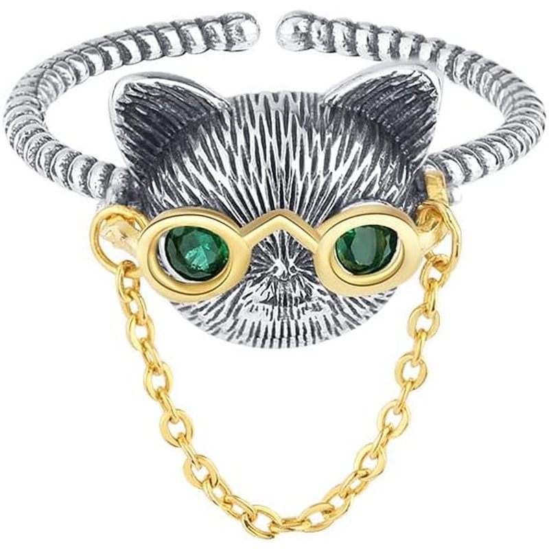 Anel Vintage De Gato De Prata Esterlina 925 Punk Aberto Animal Ajustável