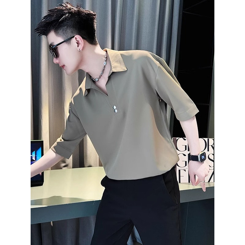 Camisa polo masculina de manga curta verão gelo seda roupas masculinas 2026 novo estilo roupas de verão masculino c