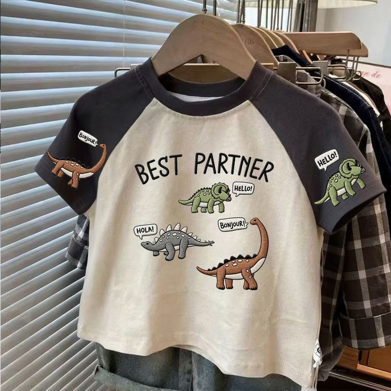 Crianças camiseta de manga curta verão novo estilo dos desenhos animados bebê menino dinossauro impressão All-Match moda