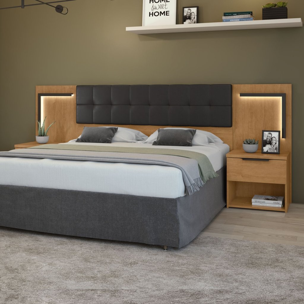 Cabeceira Casal Queen com 2 Mesas de Cabeceira LED Corino Calitan Marrom Amêndoa Clean/Preto Fosco Amêndoa Clean/Preto