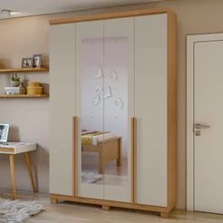 Guarda-Roupa Solteiro 4 Portas 2 Gavetas com Espelho e Pés MDF 153cm Alonzo Marrom Amêndoa Clean/Off White