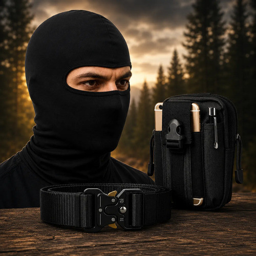 Kit Tático Balaclava Cinto Porta Celular Bolsa Treco Motoboy Moto Frio Inverno Operacional Entrega Bolsinha