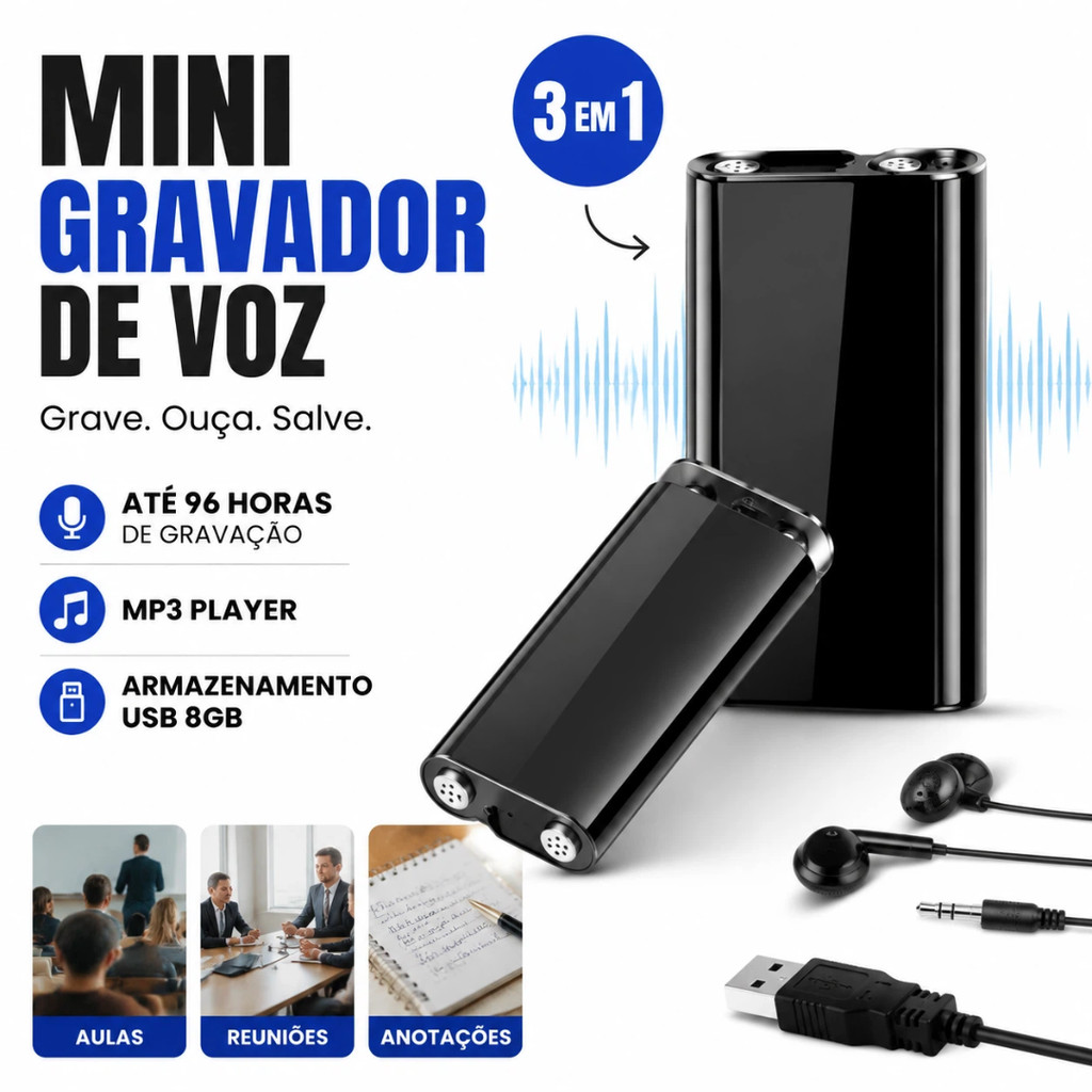 Mini Gravador De Voz Digital 3 Em 1 8GB MP3 USB Até 96 Horas De Gravação Portátil