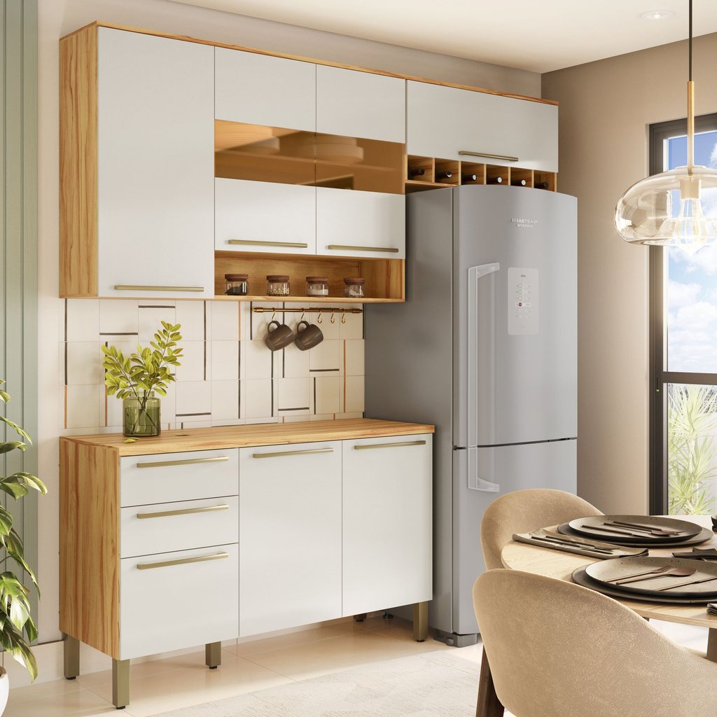 Armário de Cozinha Compacta Modulada 3 Peças 7 Portas com Tampo e Vidro 100% MDF Itália Espresso Móveis