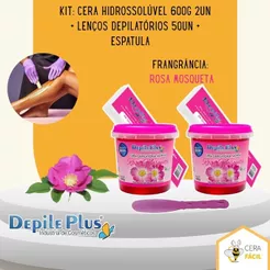 Kit 02 un Cera Hidrossolúvel 600g + Lenços Depilatórios 50un com Espatula Depile Plus