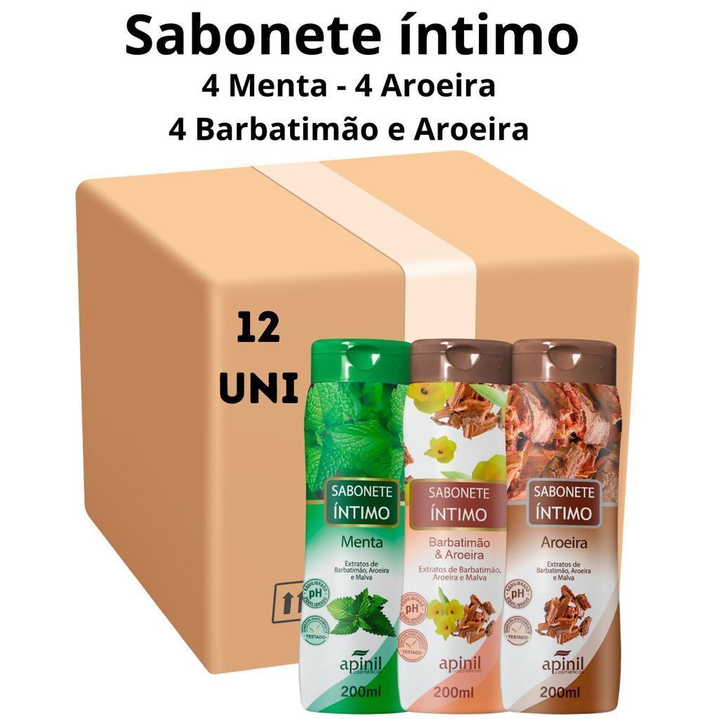 Kit 12 Unidades Sabonete Feminino Íntimo Apinil 200ml 4 Menta 4 Aroeira  4 Barbatimão e Aroeira