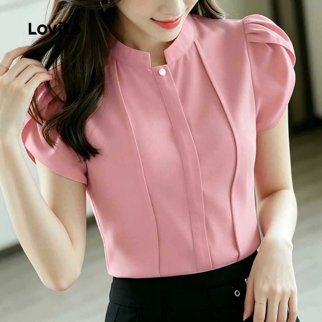 Lovito Blusa Elegante Plissada Botão Simples Primavera/verão Rosa Blusa para Mulheres L199ED284 · foto 2