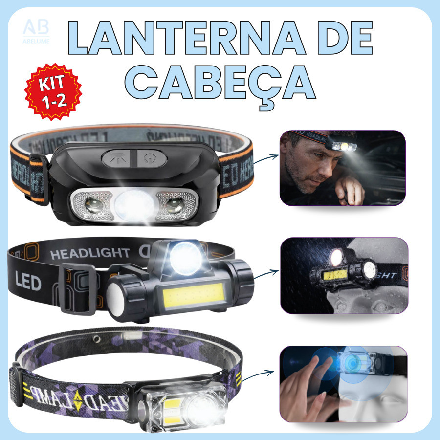 Lanterna para cabeça LED de Alta Potência Lumens 3 em 1 Luminária Profissional Recarregável com USB