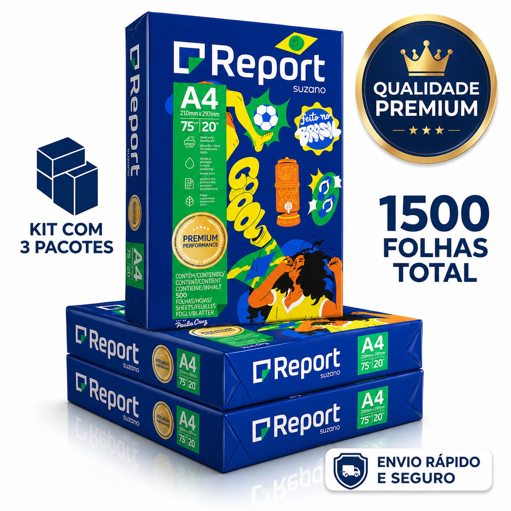 Kit 3 Pacotes de Papel Sulfite Report Folha Ofício Para Impressão A4  com 500 Folhas