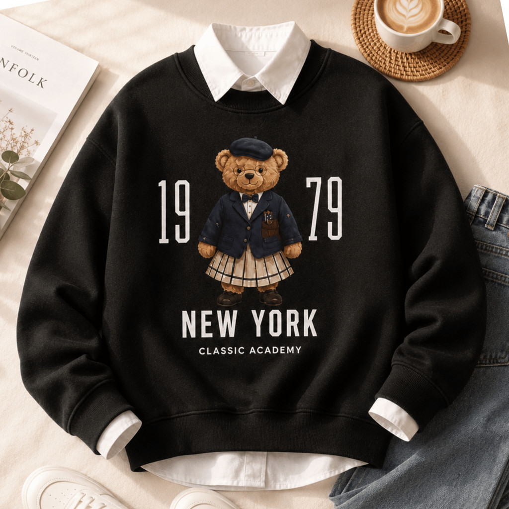 Moletom Feminino Gola Redonda com Estampa Vintage de Urso Blusa de Frio Charmosa