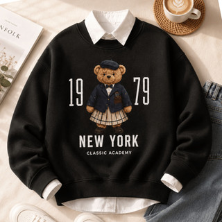 Moletom Feminino Gola Redonda com Estampa Vintage de Urso Blusa de Frio Charmosa