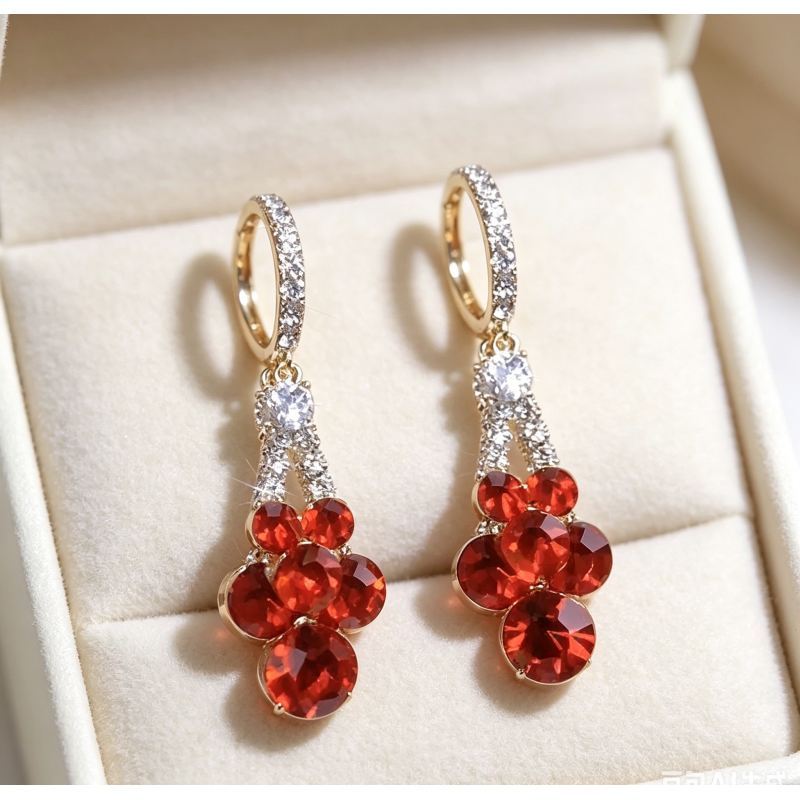 Brincos elegantes femininos, brincos de diamante vermelho, brincos de banquete de luxo, vestido de noite, orelhas.