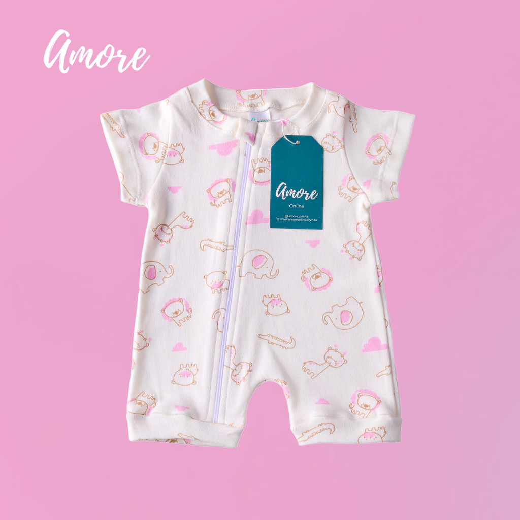 Macacão Curto Bebê Verão Amore Safari Rosa 100% Algodão