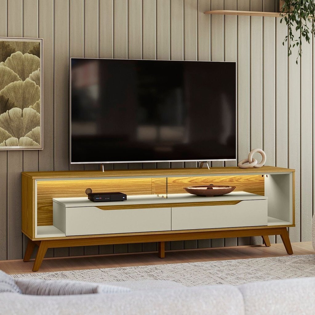 Rack Retrô para TV até 65 Polegadas com LED MDF 175cm Pés em Madeira Maciça Duo Freijó/Off White