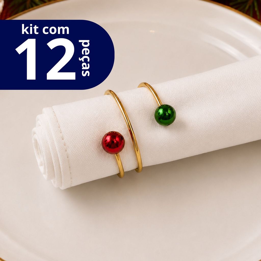 Kit 12 Anel de Guardanapo Metálico com Pérola Verde e Vinho Natal Mesa Posta
