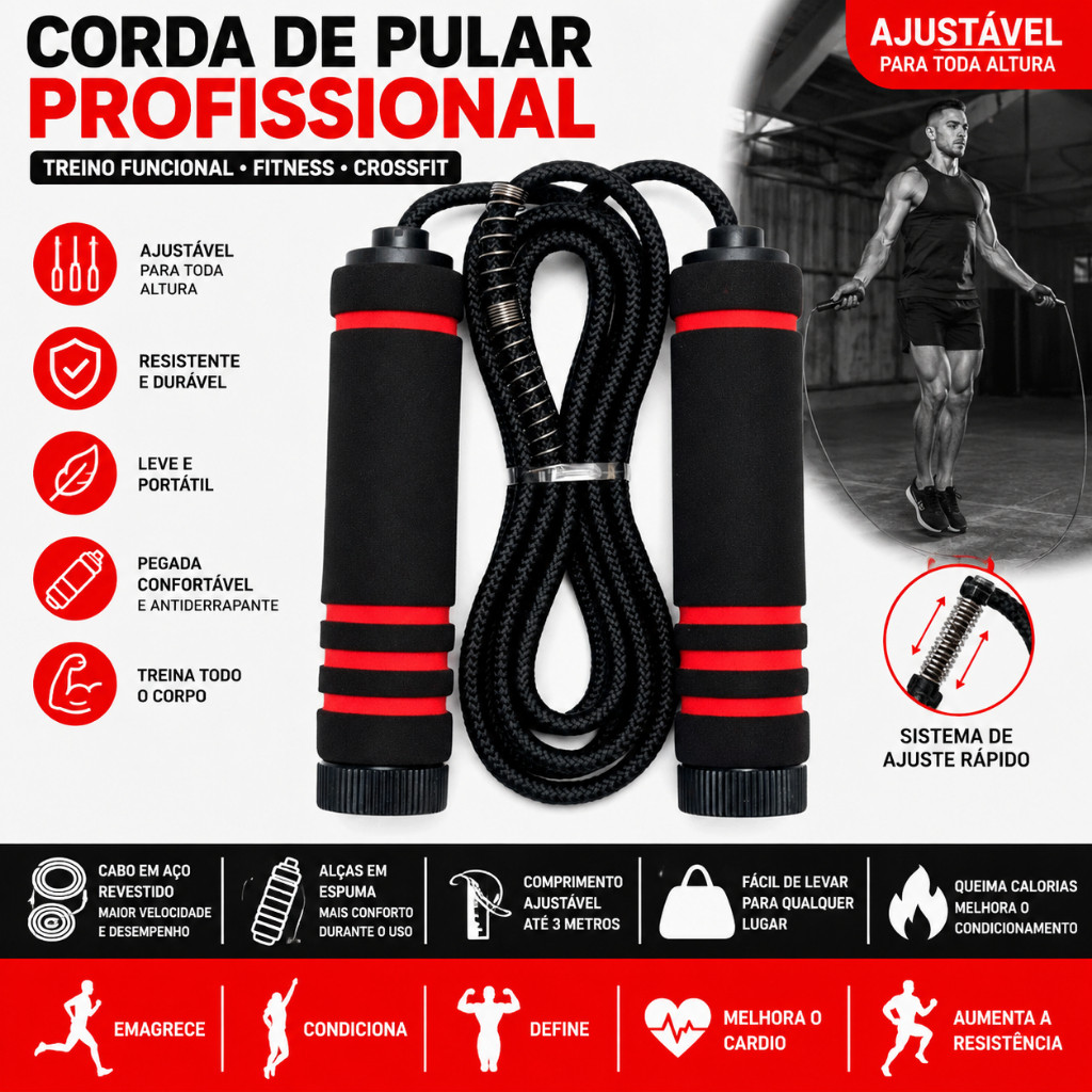 Corda de Pular Profissional Ajustável Fitness Academia Crossfit Cabo de Aço Revestido Antiderrapante
