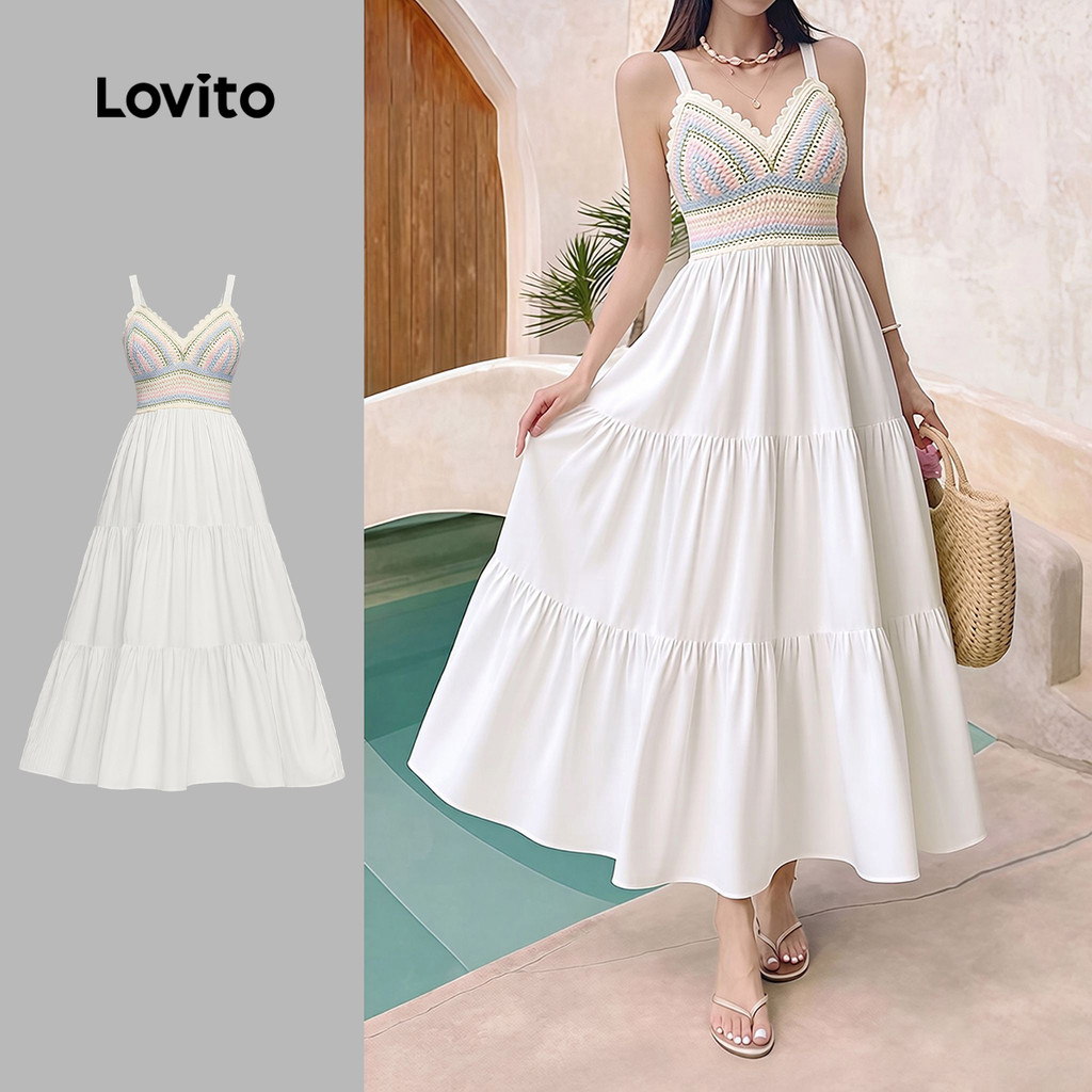 Lovito Vestido Midi Evasê De Crochê Com Alças Finas Decote Em V Detalhes Ondulados E Barra Com Babados Em Camadas Para Férias Na Primavera/verão Para Mulheres LR35E012