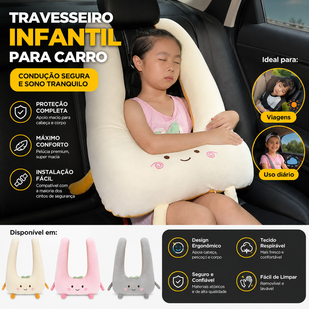 Travesseiro Infantil para Carro Almofada de Apoio para Cabeça e Pescoço Macia para Banco Traseiro e Viagens