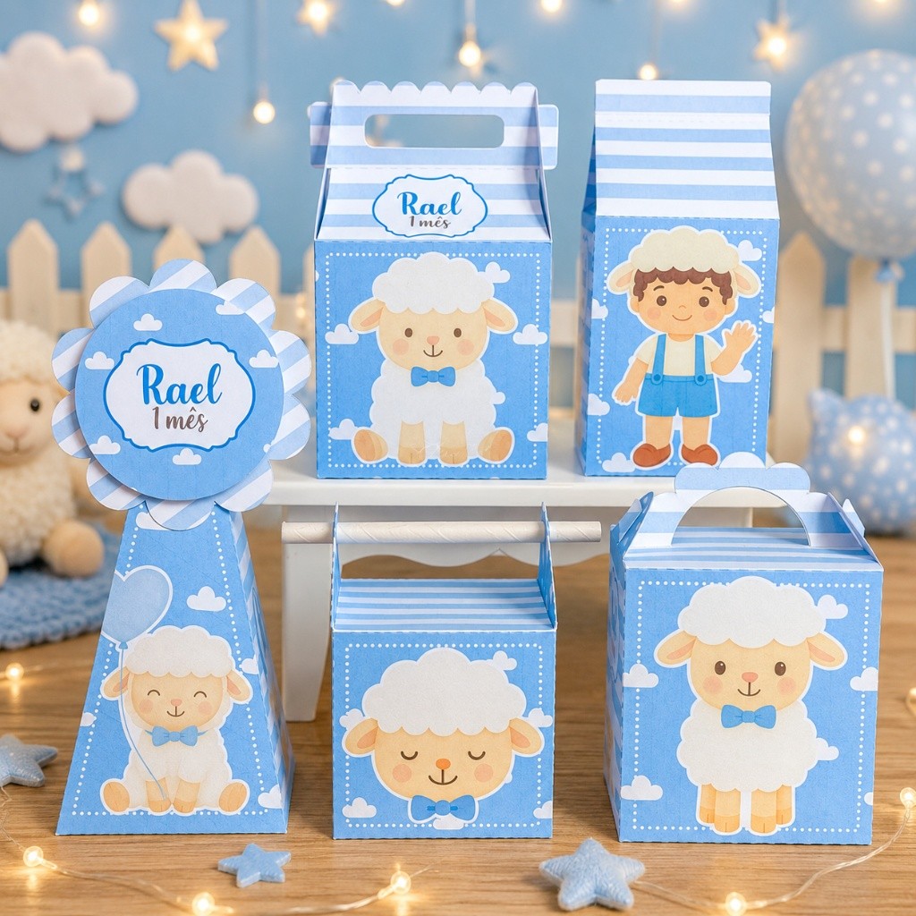 Kit Pegue e Monte Ovelhinha Baby - Lembrancinhas Personalizadas Batizado / Mesversário e Aniversário Azul (Nome e Idade)