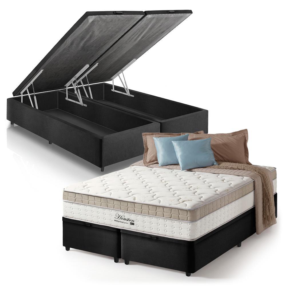 cama baú Queen bipartido preto + colchão molas