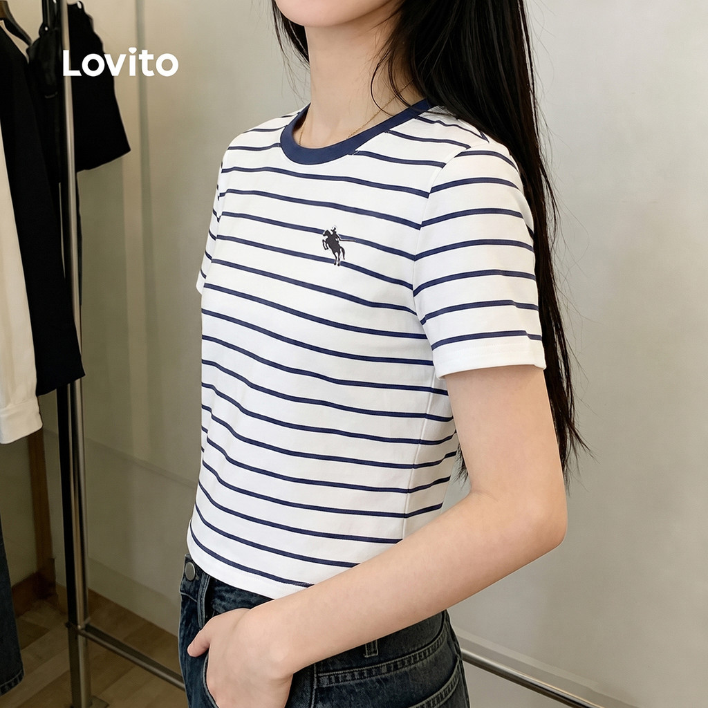 Lovito Camiseta Elegante com Estampa Linhas Contrastantes Blocos de Cor Branca feminina TSK8P2D1083 · foto 2