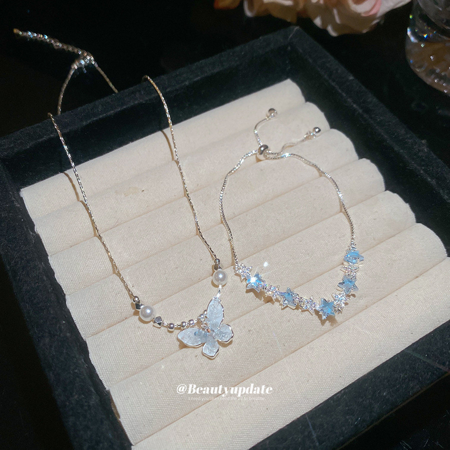 Conjunto de colar e pulseira de cristal de zircônia ultra-brilhante em estilo coreano, com borboleta e estrela, acessóri