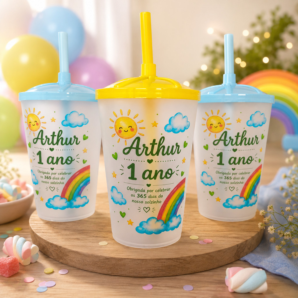 Kit Copo Personalizado Ecológico Tema 365 Sorrisos 300ml | Lembrancinha de Aniversário Infantil| Fazemos Todos os Temas