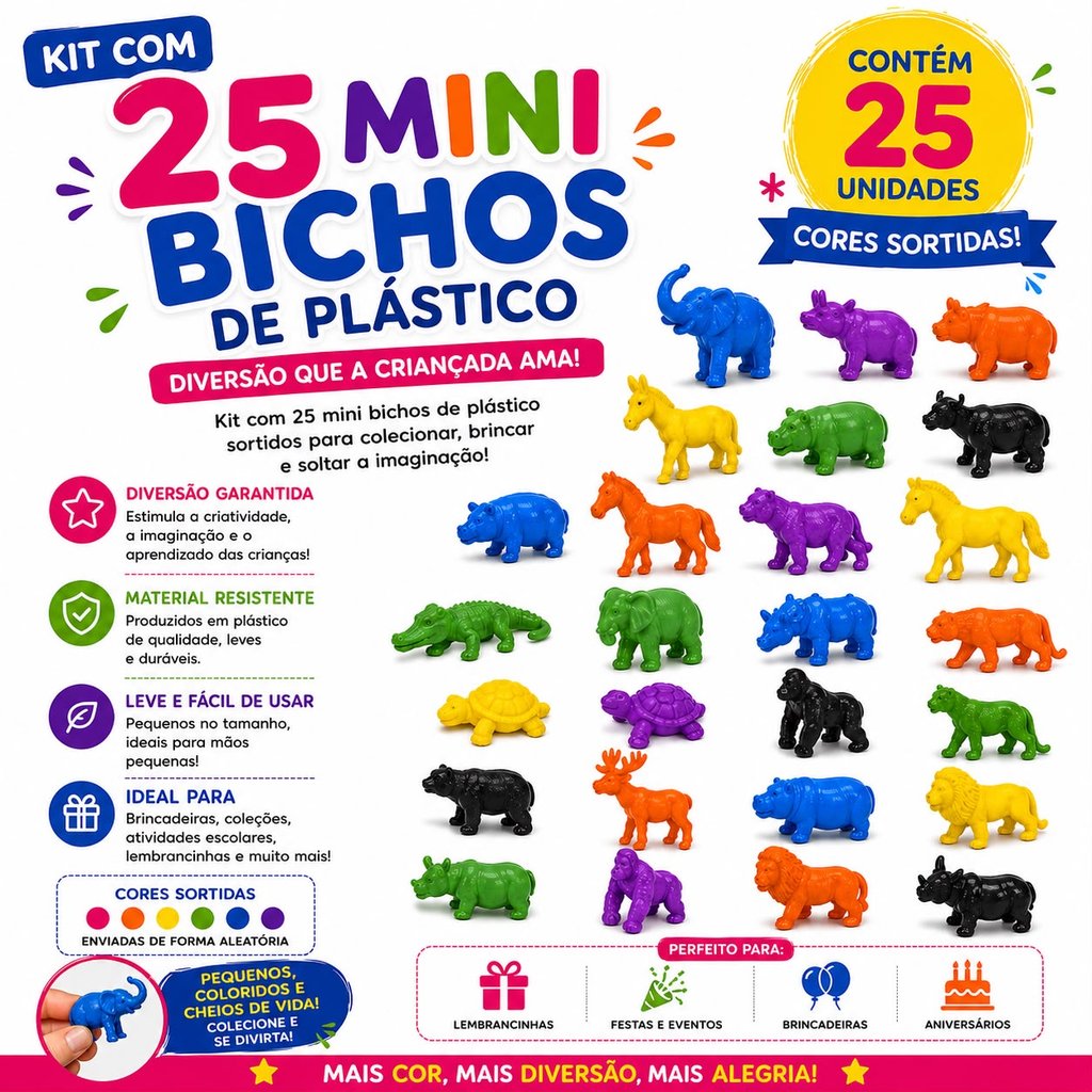 Mini Animais Selvagens Bichos Zoológico  25 Peças Sortidas Lembrancinha Sacolinha Surpresa Brinquedos Festa Aniversário
