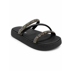 Papete Moleca Feminina Preta Brilho Flatform Confortável Casual Festa Verão Tendência Estilosa