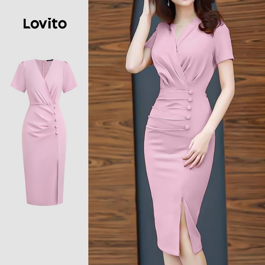 Lovito Vestido Elegante Plissado para Primavera/verão Rosa Vestido Feminino L195AD270
