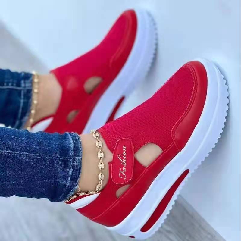 Sapatos femininos de tecido voador de tamanho grande respirável Casual sapatos únicos salto cunha sapatos femininos de s