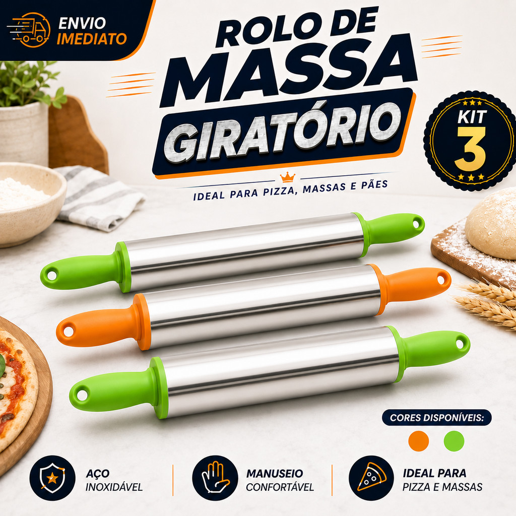 Kit 03 Un. Rolo Abrir Massa Macarrão Pastel Pães Inox Cabo Plástico Colorido Pizzaria Confeitaria