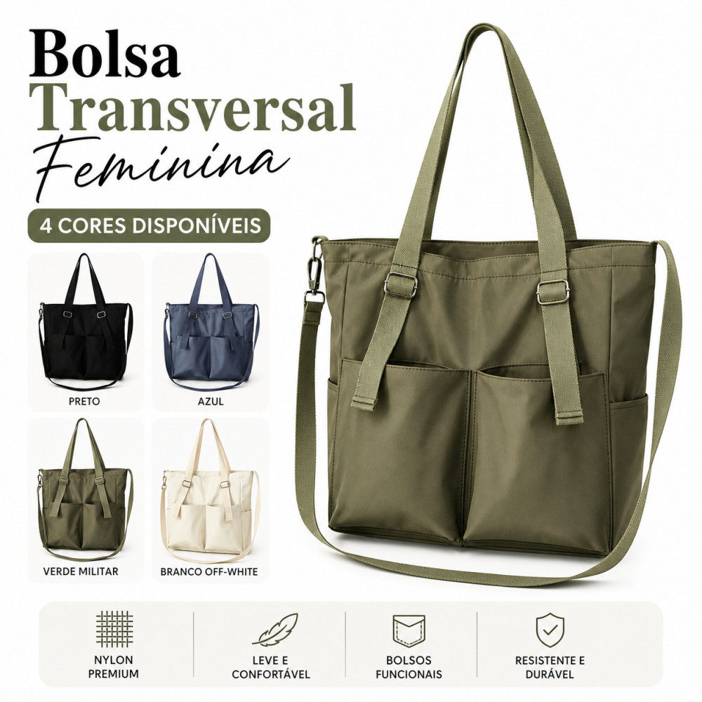 Bolsa Feminina Transversal Grande Nylon Impermeável Casual Faculdade Trabalho Com Alça Ajustável