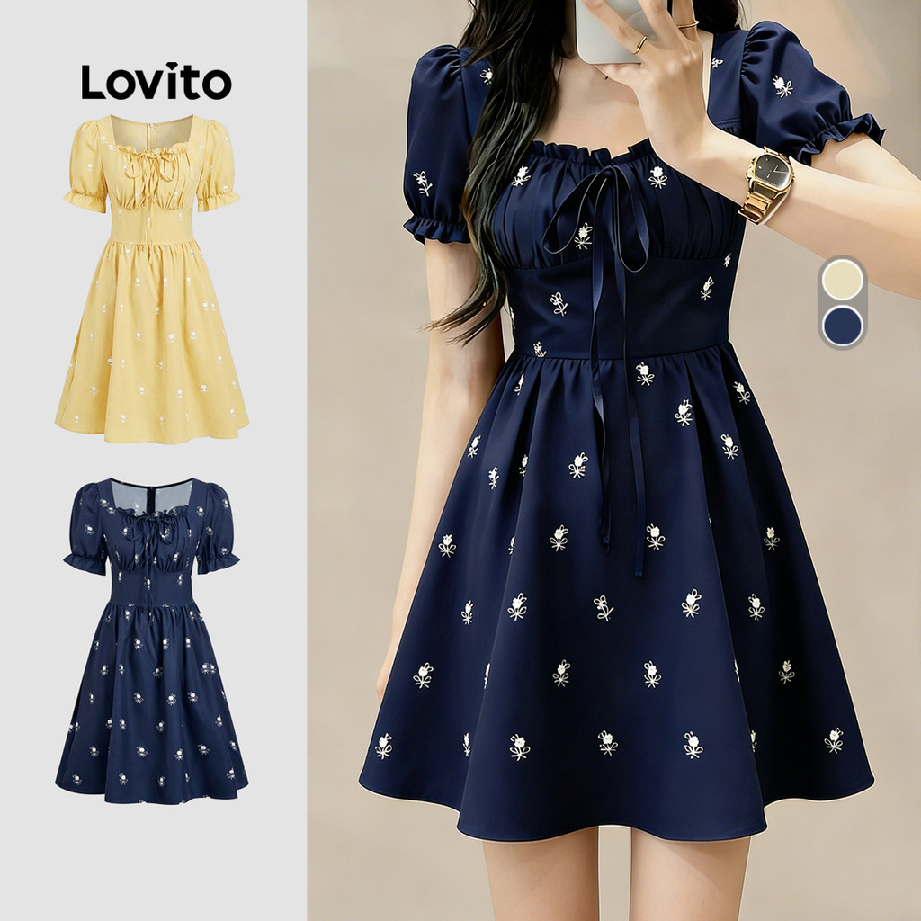 Lovito Curto Casual Vestido com Amarração e Babados para Primavera/verão Azul Marinho para Mulheres Bordado LBL33053