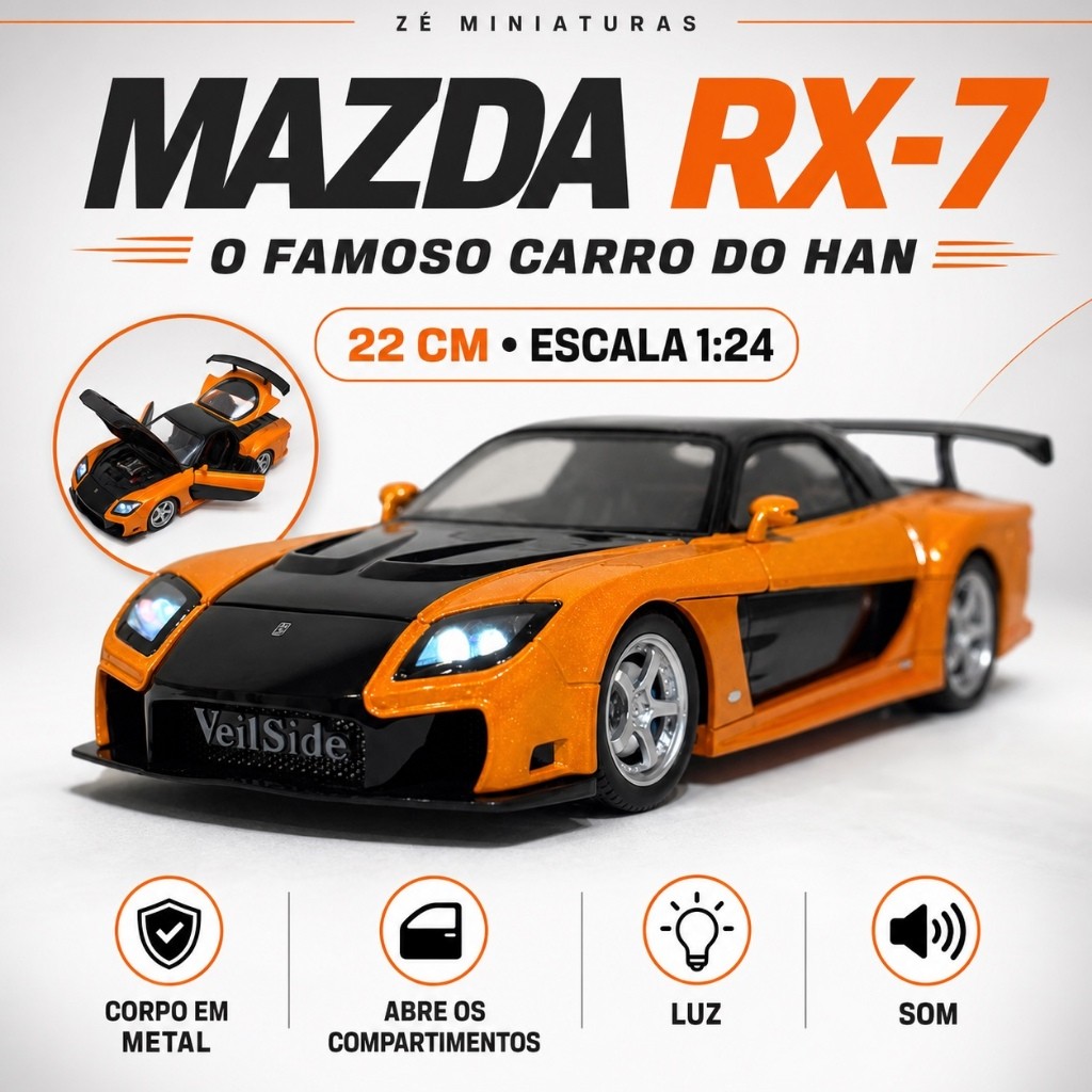 Miniatura Mazda RX-7  Coleção Brinquedo Abre As Portas Com Som Led Fricção 1/24 - Alto Detalhe