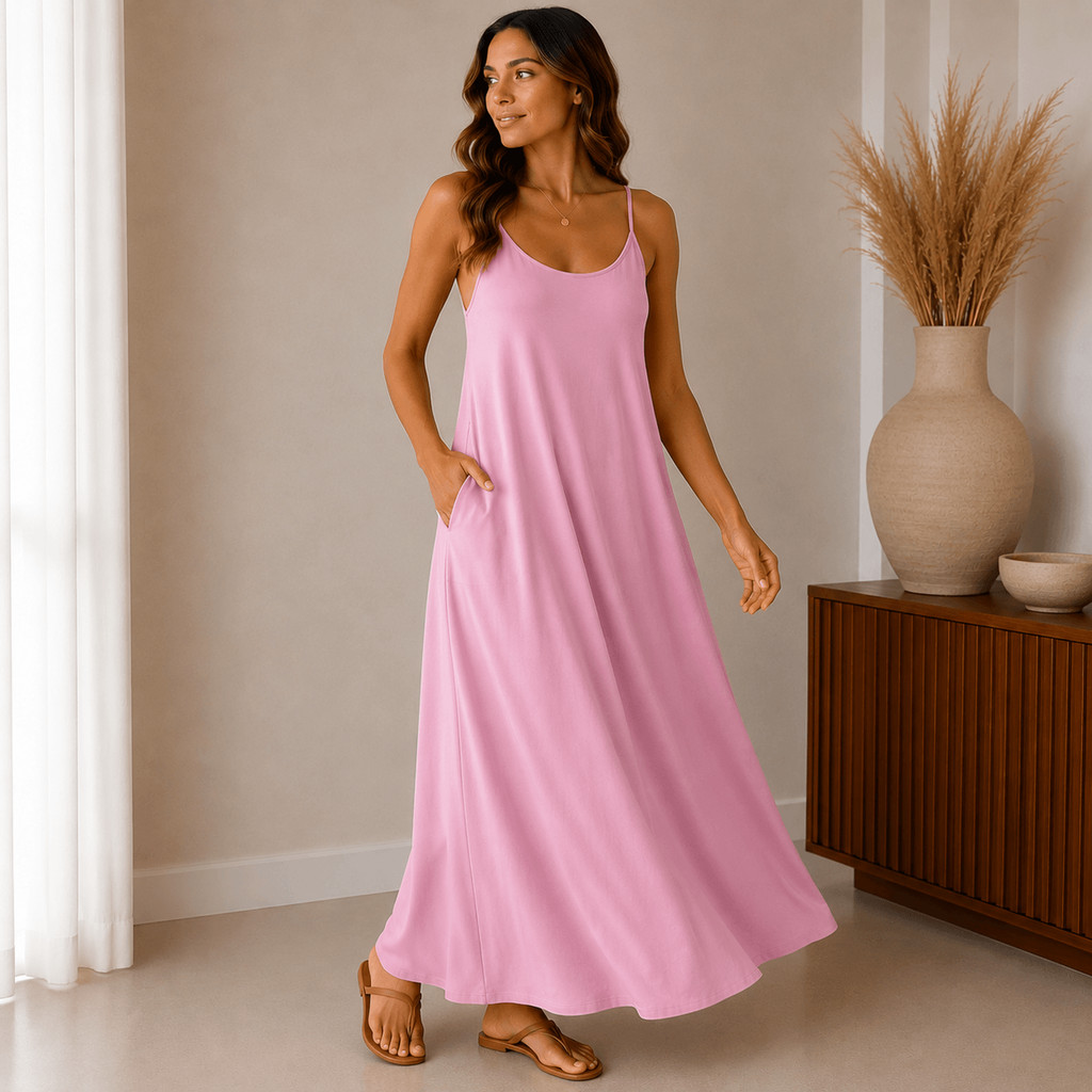 Vestido Longo de Viscolycra Feminino Alcinha Com Bolsos Casual Confortável Soltinho Estiloso