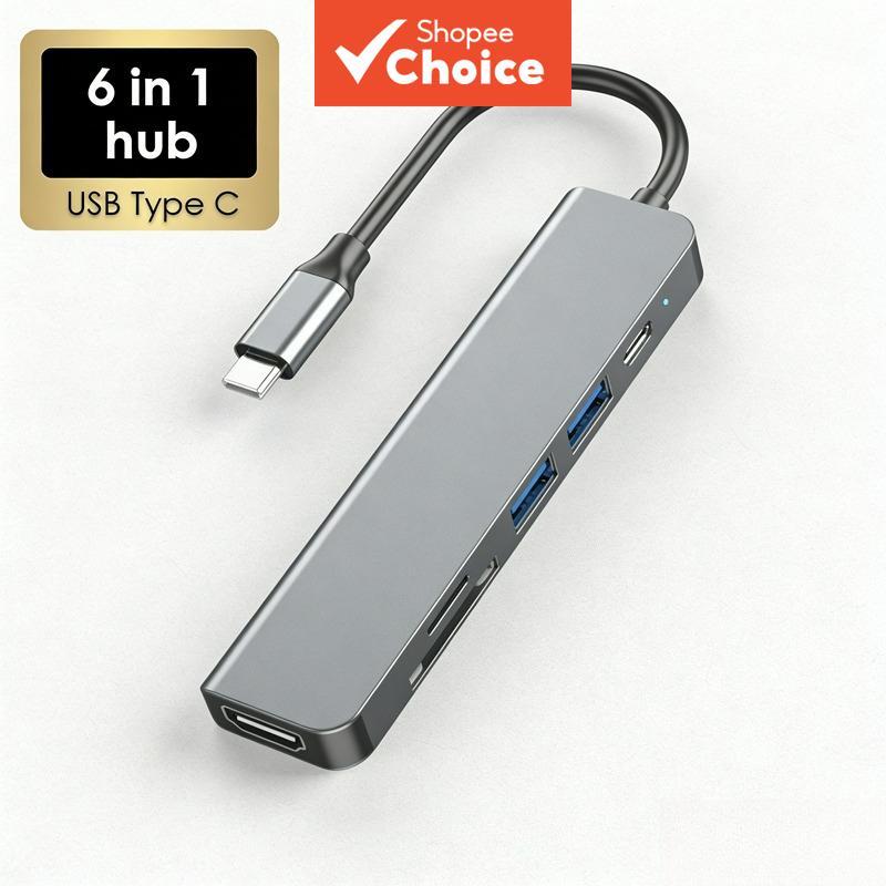 Adaptador Hub USB-C 6 em 1 com PD87W, HDMI compatível, carregamento PD, leitor de cartão USB SD/TF para MacBook e laptop