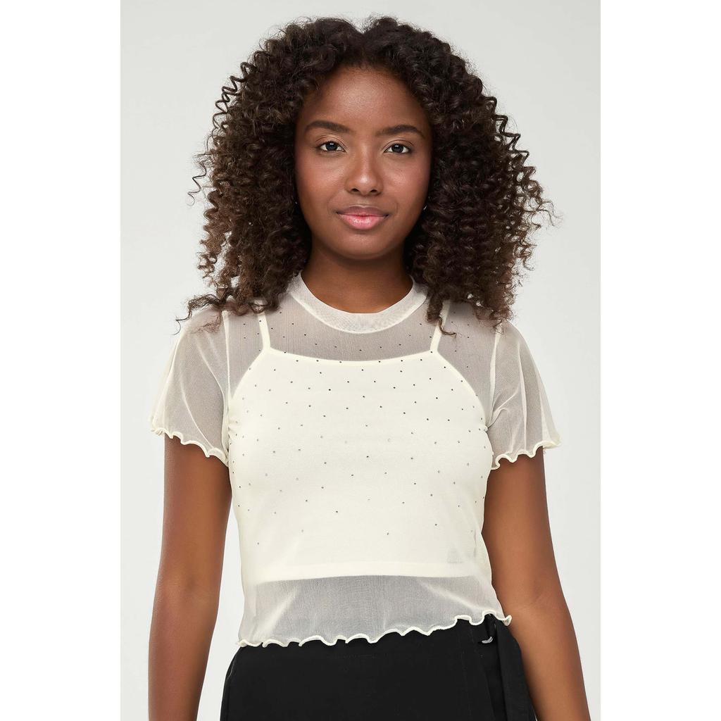 Blusa Juvenil Tule Com Strass Beats Bege