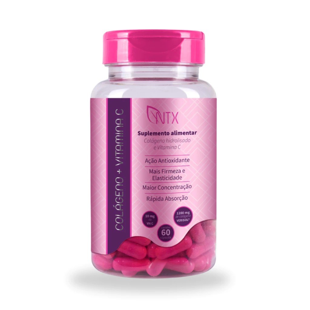 Colágeno hidrolisado + Vitamina C 60 Cápsulas Rejuvenesce e Hidrata a Pele NTX