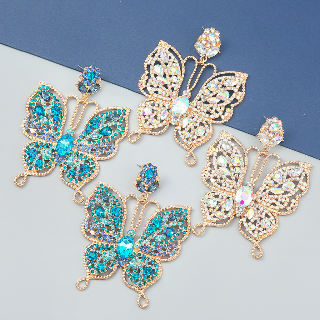 Europeu americano exagerado liga diamante strass borboleta brincos na moda feminino Super piscando brincos de diamante c