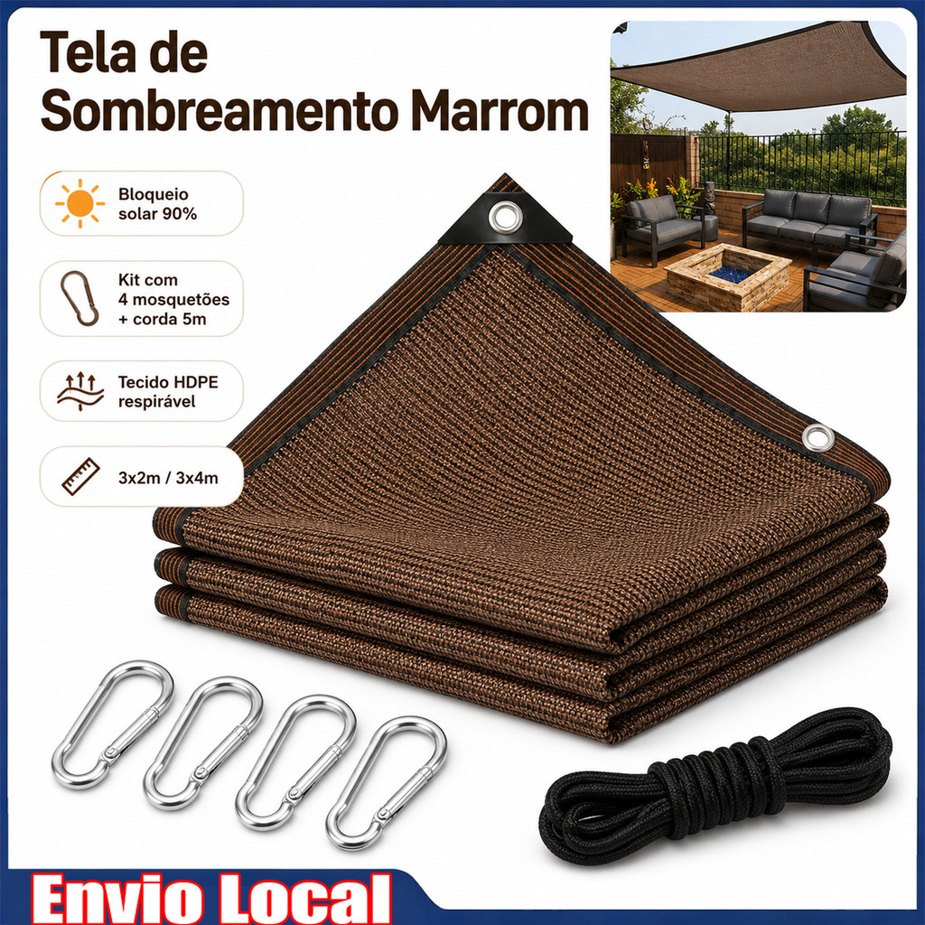 Tela Sombrite Marrom 90% 3x2m ou 3x4m com Ilhós, Kit com Corda Preta 5m e 4 Mosquetões para Garagem e Piscina