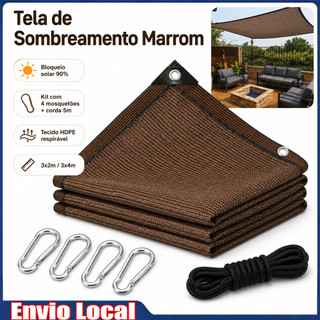 Tela Sombrite Marrom 90% 3x2m ou 3x4m com Ilhós, Kit com Corda Preta 5m e 4 Mosquetões para Garagem e Piscina